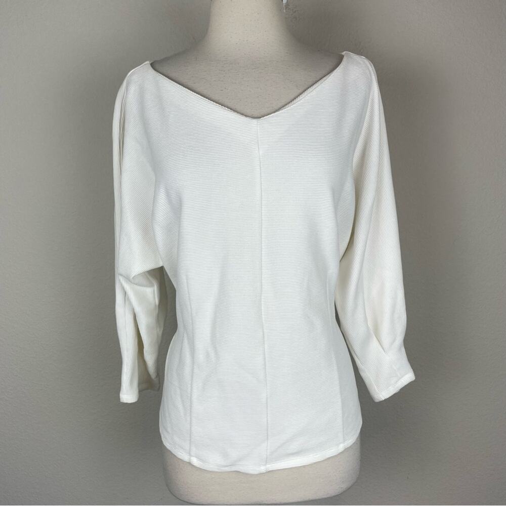 By Anthropologie Off White Tie Waist Knit V Neck Top Large - Picture 2 of 8